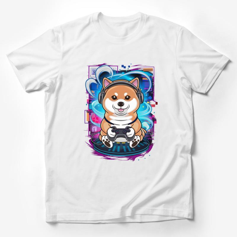 Gamer Dog T-Shirt, Cute Shiba Inu Gaming Tee, Colorful Graphic Shirt, Unisex Casual Gaming Apparel, Trendy Gamer Gift Idea for Him Male T-Shirt