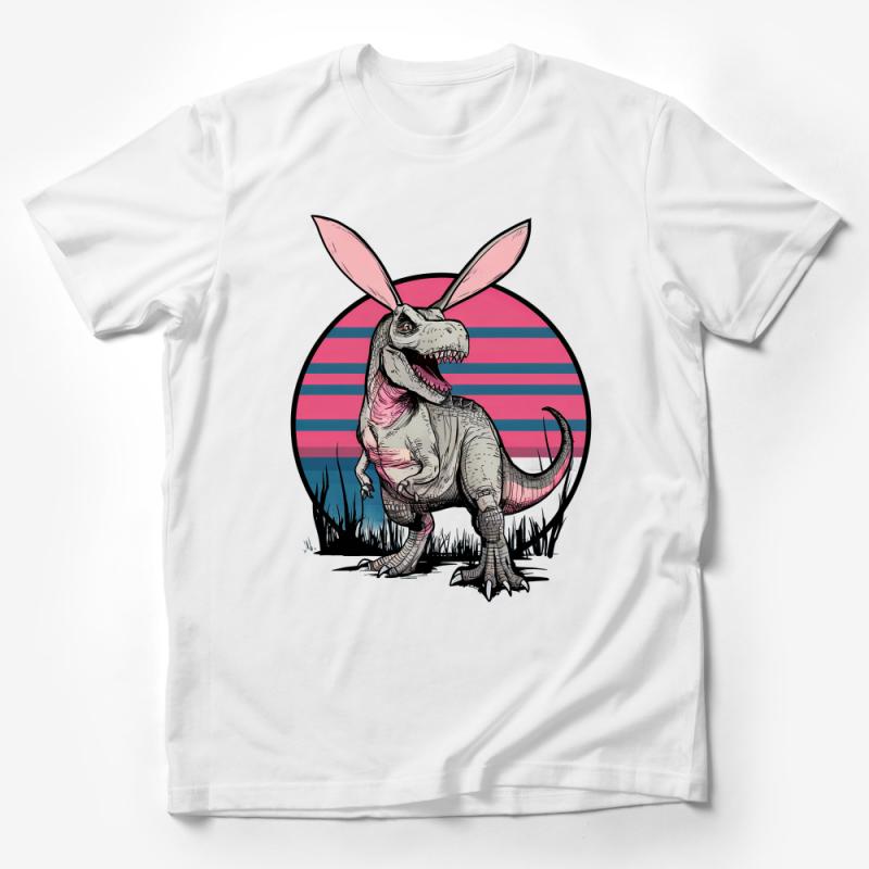 Dinosaur Bunny Graphic Tee, Funny Rex Rabbit, Striped Sunset, Unisex T-Shirt, Novelty Animal Shirt, Gift for Dino Lovers Male T-Shirt