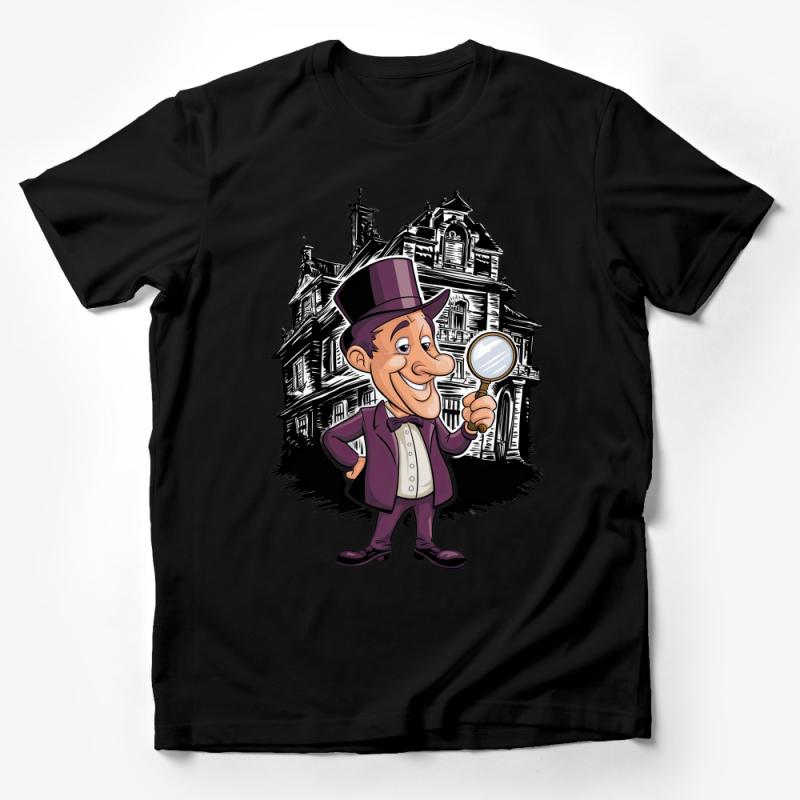 Detective Cartoon T-Shirt, Funny Sleuth Design, Unique Graphic Tee, Victorian House Illustration, For Mystery Lovers Male T-Shirt