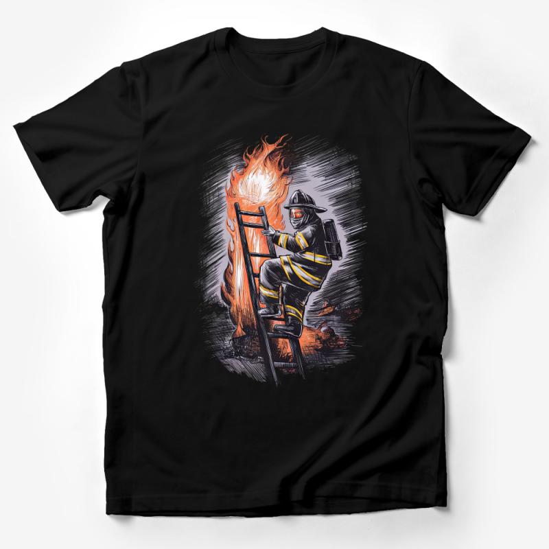 Firefighter Hero T-Shirt, Fire Department Tee, Fireman Climbing Ladder, Brave First Responder Shirt, Fiery Background Illustration Top Male T-Shirt