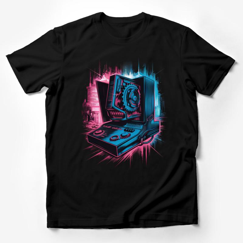 Cyberpunk Cityscape Graphic T-Shirt, Futuristic Urban Scene, Retro Computer Design, Unisex Tee, Streetwear Fashion, Vibrant Colors Male T-Shirt