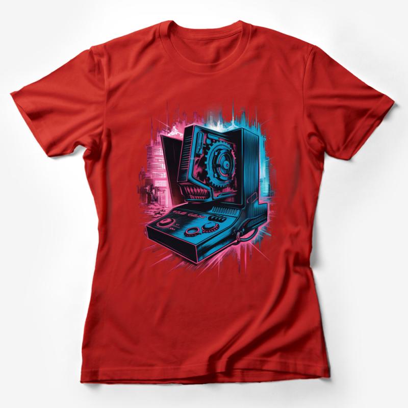 Cyberpunk Cityscape Graphic T-Shirt, Futuristic Urban Scene, Retro Computer Design, Unisex Tee, Streetwear Fashion, Vibrant Colors Female T-Shirt