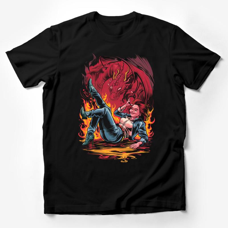 Women's Fire Dragon Graphic Tee, Funky Red Dragon Illustration, Casual Cotton T-Shirt, Unique Fantasy Art Shirt, Cool Gift Idea Male T-Shirt