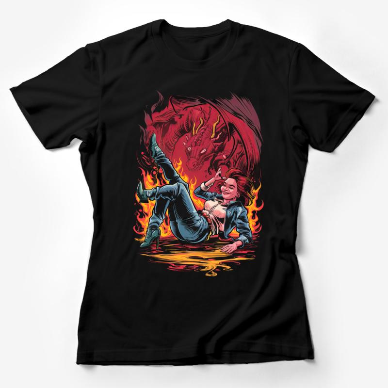 Women's Fire Dragon Graphic Tee, Funky Red Dragon Illustration, Casual Cotton T-Shirt, Unique Fantasy Art Shirt, Cool Gift Idea Female T-Shirt