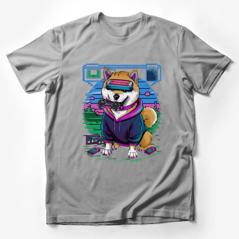 Retro Gaming Dog T-Shirt, Vaporwave Aesthetic, Cool Gamer Shiba Inu Tee, Vintage Game Console, Cyberpunk Style Shirt, Unisex Apparel Male T-Shirt