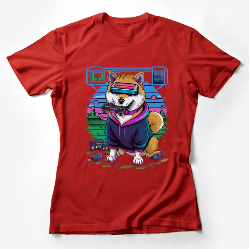 Retro Gaming Dog T-Shirt, Vaporwave Aesthetic, Cool Gamer Shiba Inu Tee, Vintage Game Console, Cyberpunk Style Shirt, Unisex Apparel Female T-Shirt