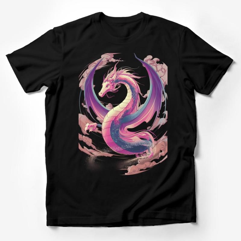 Colorful Dragon Art T-Shirt, Fantasy Creature Tee, Mythical Beast Top, Unique Graphic Design Shirt, Unisex Casual Wear, Gift Idea Male T-Shirt