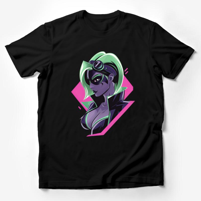 Futuristic Cyberpunk Female Character T-Shirt, Vibrant Neon Colors, Sci-Fi Clothing, Graphic Tee, Street Style Urban Fashion Top Male T-Shirt