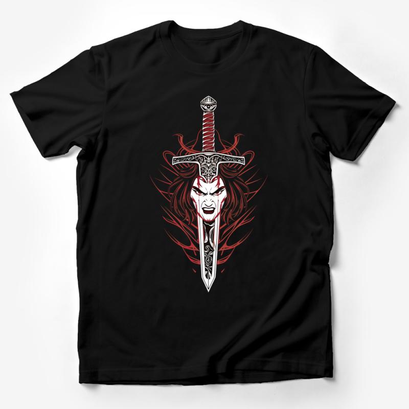 Warrior Mask Sword Design T-Shirt, Bold Graphic Tee, Unisex Fantasy Art Shirt, Unique Fighter Illustration Apparel, Gift for Gamers Male T-Shirt