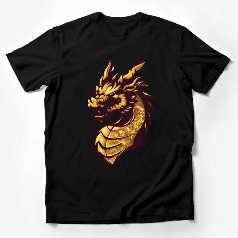 Majestic Golden Dragon Print T-Shirt, Fantasy Creature Graphic Tee, Mythical Beast Unisex Apparel, Fire Dragon Artwork Shirt Design Male T-Shirt