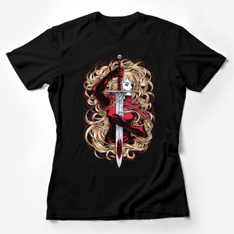 Fantasy Warrior Woman T-Shirt, Red Armor Sword Fighter, Long Blonde Hair, Graphic Tee, Bold Illustration, Feminine Strength Shirt Female T-Shirt