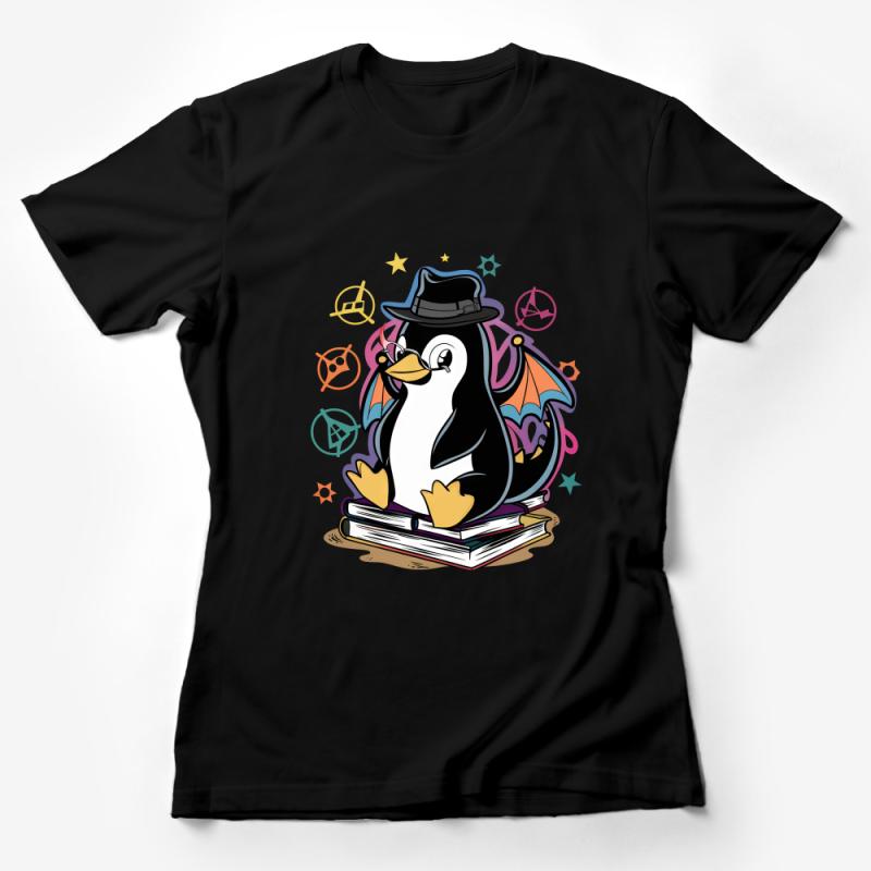 Whimsical Penguin T-Shirt, Cute Book Lover Penguin with Hat, Colorful Stars and Books, Unisex Graphic Tee for All Ages Female T-Shirt