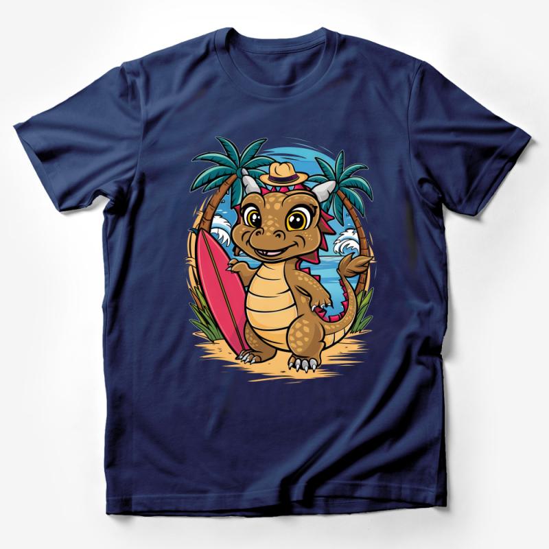 Cute Dinosaur Surfer T-Shirt, Beach Vacation Tees, Summer Surfing Outfit, Tropical Style Apparel, Fun Cartoon Dino Shirt Unisex Male T-Shirt