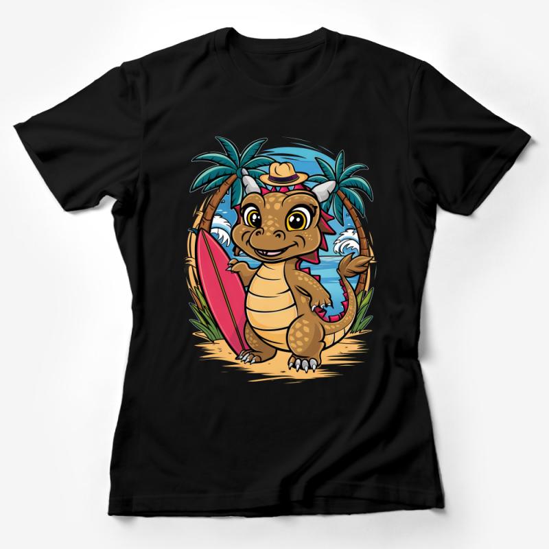 Cute Dinosaur Surfer T-Shirt, Beach Vacation Tees, Summer Surfing Outfit, Tropical Style Apparel, Fun Cartoon Dino Shirt Unisex Female T-Shirt