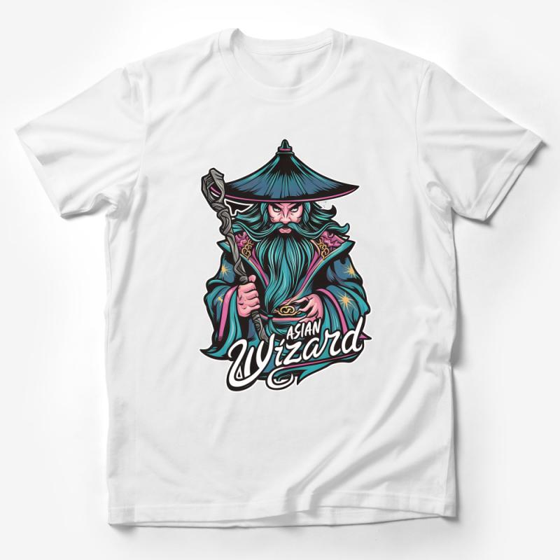 Mystical Asian Wizard Graphic T-Shirt, Enchanted Sorcerer with Staff, Fantasy Art Tee, Magical Character Shirt, Unique Gift Idea Male T-Shirt