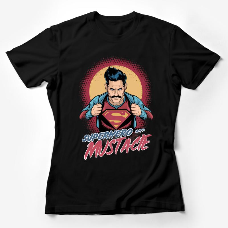 Superhero Mustache T-Shirt, Comic Book Style Tee, Unique Superhero Graphic Shirt, Vintage Look Casual Wear Female T-Shirt