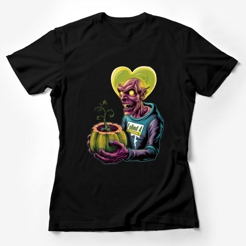 Fallout 4 Inspired Ghoul Holding Pumpkin, Graphic Tee, Video Game T-Shirt, Unique Gift, Unisex Apparel, Gaming Fan, Cool Design, Vibrant Female T-Shirt