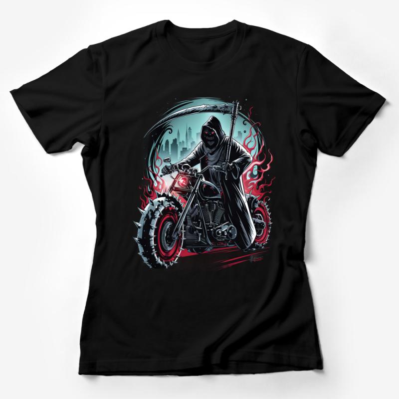 Urban Reaper Motorcycle Rider T-Shirt, Men's Biker Graphic Tee, City Skyline, Gift for Motorcycle Enthusiasts Female T-Shirt