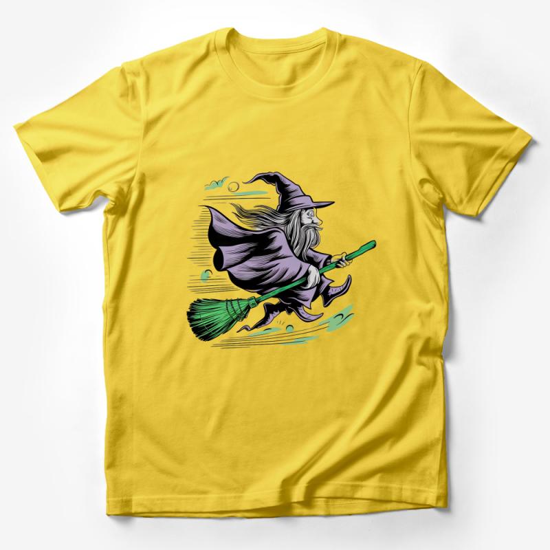 Witch Riding Broomstick T-Shirt, Vintage Halloween Graphic Tee, Witchcraft Fantasy Clothing, Unique Witchy Apparel Gift Male T-Shirt