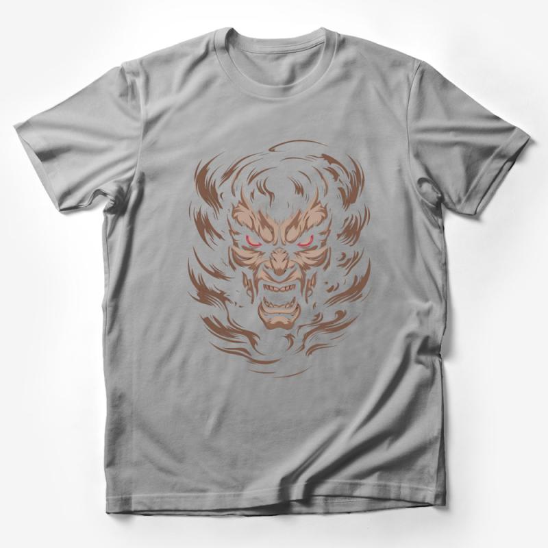 Men's Graphic Tee, Angry Beast Illustration, Brown and White, Casual Streetwear, Unique Artistic Design, Comfort Fit Male T-Shirt