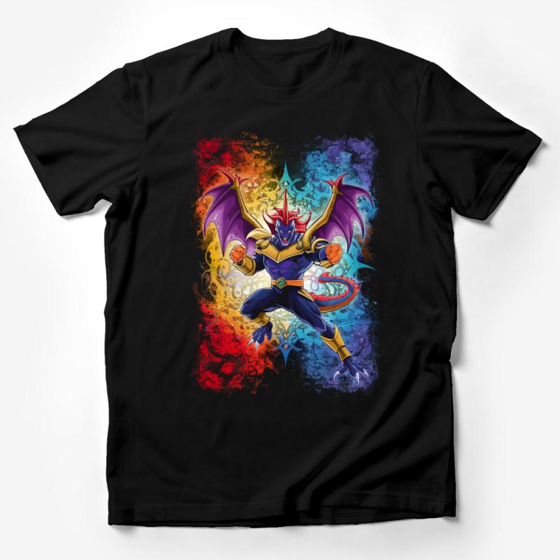 Colorful Dragon Demon Hero Graphic T-Shirt, Unisex Fantasy Art Tee, Unique Designer Shirt, Casual Comic Style Apparel, Gift Idea Male T-Shirt