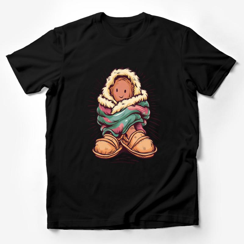 Cozy Winter Vibes T-Shirt, Cute Cartoon Character Wrapped in Blanket, Unisex Casual Shirt, Comfortable Cotton Top, Seasonal Graphic Tee Male T-Shirt