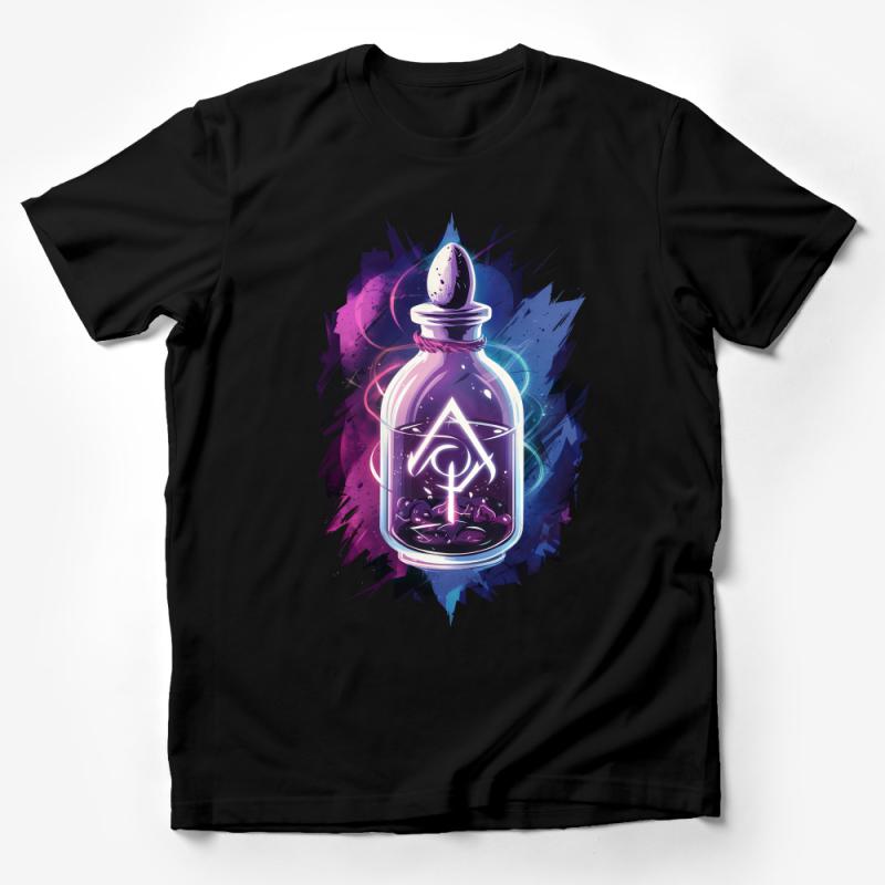 Mystical Potion Bottle T-Shirt, Violet Cosmic Splash Graphic Tee, Fantasy Alchemy Symbol Unisex Apparel Male T-Shirt