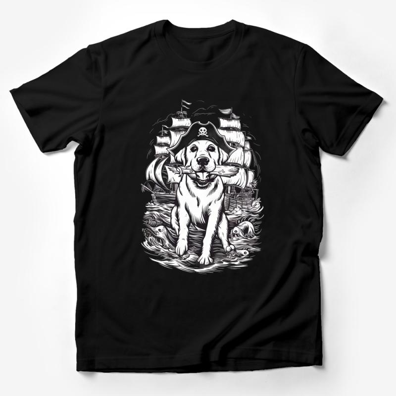 Nautical Dog T-Shirt, Pirate Pup Graphic Tee, Cute Labrador with Ship, Unisex Cotton Shirt, Sea Adventure Animal Illustration Male T-Shirt