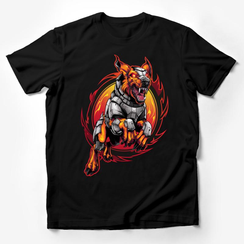 Cyberpunk Dog T-Shirt, Sci-Fi Animal Tee, Robotic Dog Graphic, Fire Flames Canine Shirt, Gamer Geek Apparel, Unisex Adult Clothing Male T-Shirt