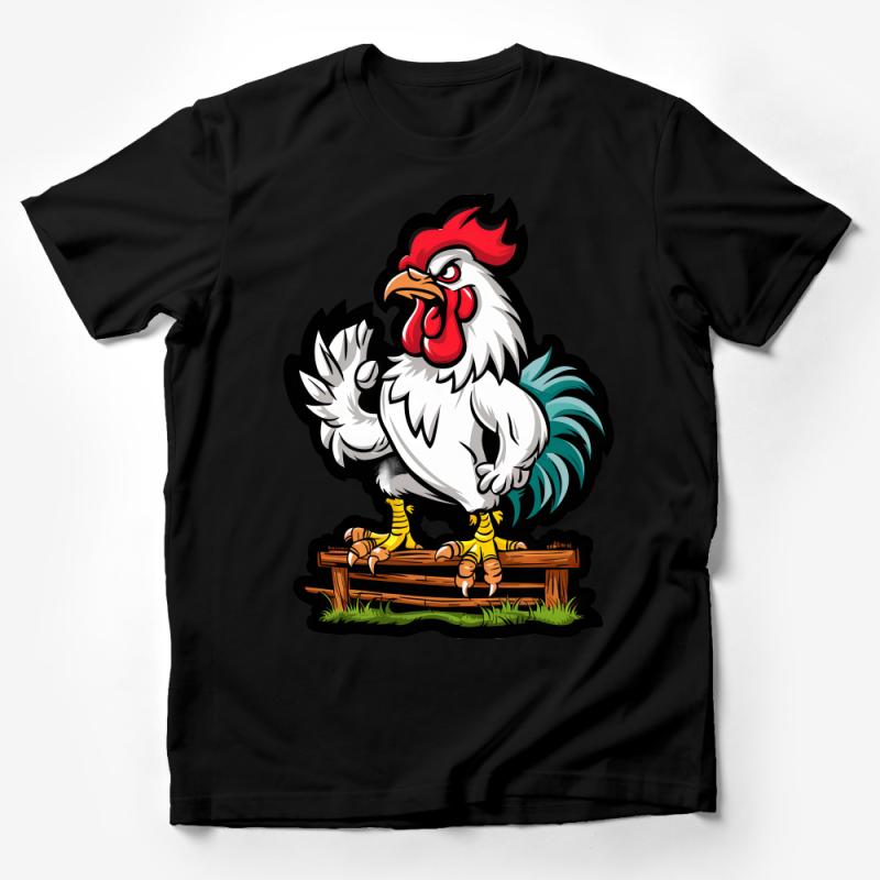 Angry Rooster Cartoon T-Shirt, Cool Chicken Graphic Tee, Farm Animal Illustration Shirt, Unisex Cotton Top Male T-Shirt