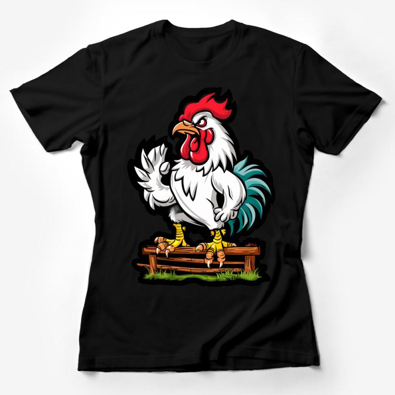 Angry Rooster Cartoon T-Shirt, Cool Chicken Graphic Tee, Farm Animal Illustration Shirt, Unisex Cotton Top Female T-Shirt