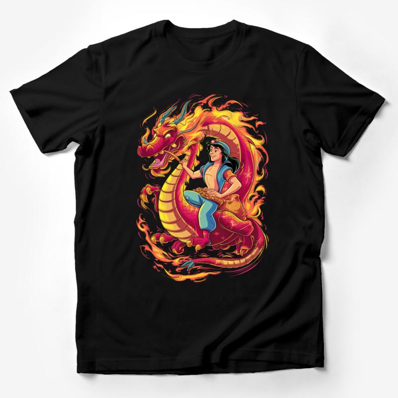 Fantasy Dragon and Warrior Princess T-Shirt, Colorful Fire Dragon Design, Women's Vibrant Graphic Tee, Unique Gift Idea Male T-Shirt