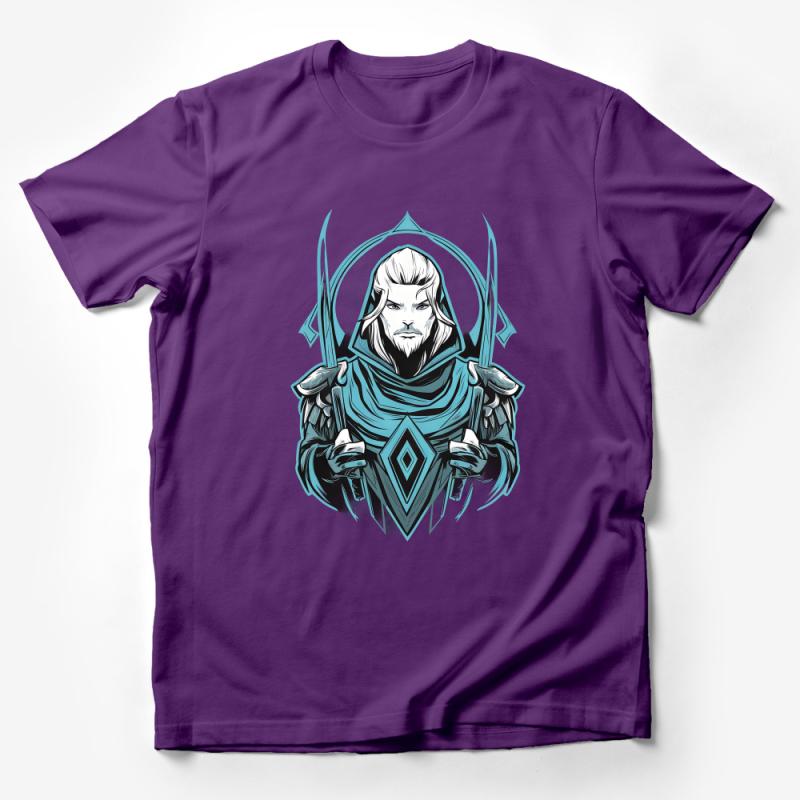 Fantasy Warrior Graphic Tee, Men's Cool Character Illustration Shirt, Unique Short Sleeve T-Shirt Male T-Shirt