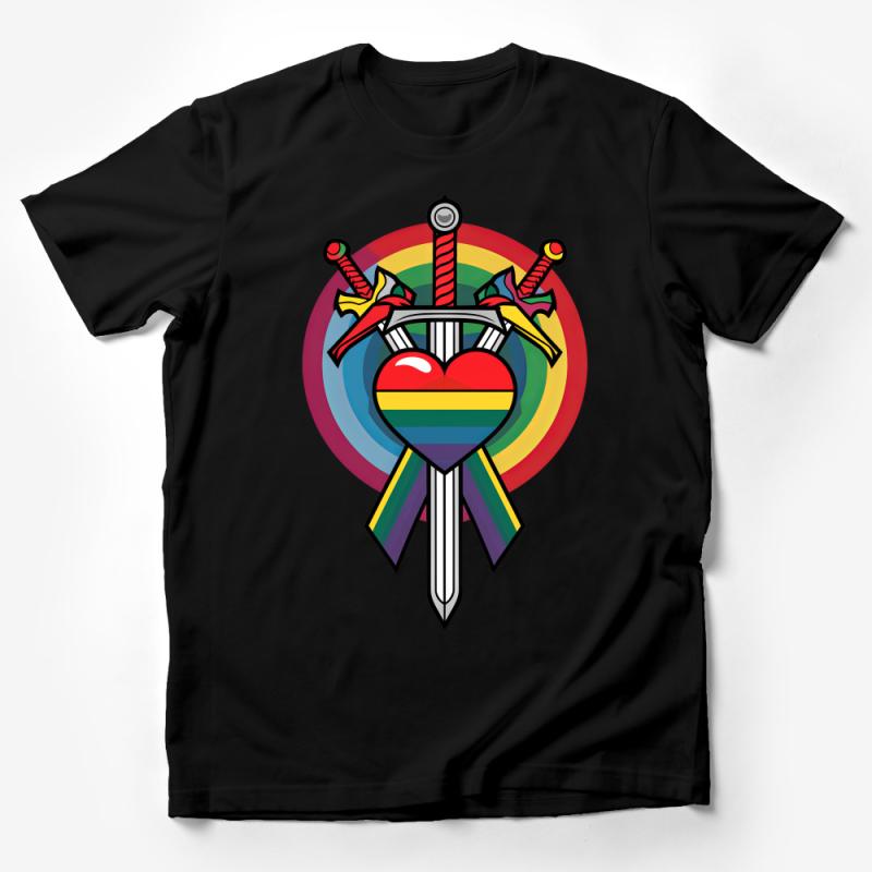 Retro Heart Sword Rainbow Graphic Tee, Vibrant Pride T-Shirt, Unisex Casual Wear, Bold Colorful Street Style Top Male T-Shirt