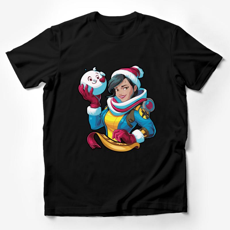 Women's Space Suit Cartoon T-Shirt, Astronaut with Snowman Graphic Tee, Sci-Fi Apparel Gift, Unique Outer Space Art Shirt Male T-Shirt