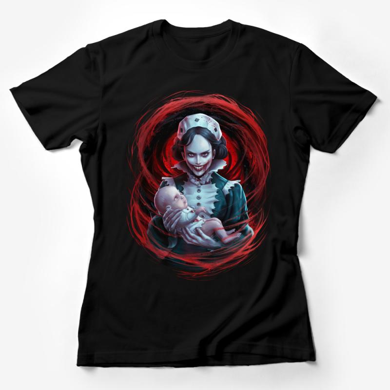 Gothic Nurse Art T-Shirt, Spooky Horror Graphic Tee, Creepy Nurse and Baby, Halloween Costume Shirt, Unique Dark Fantasy Apparel Female T-Shirt