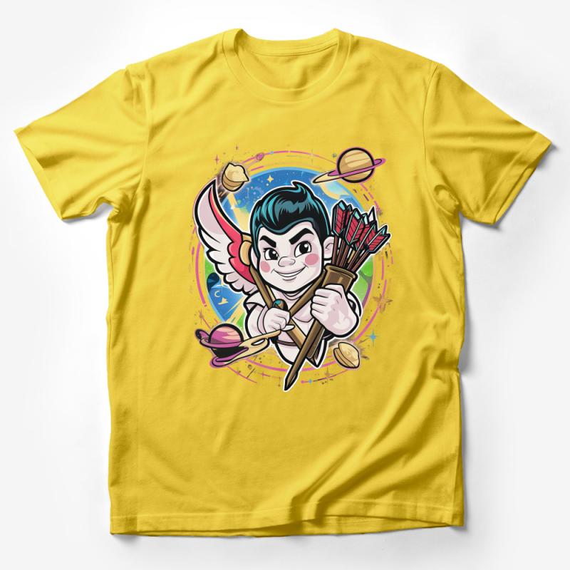 Unique Space Cupid T-Shirt, Vibrant Cosmic Love Archer Graphic Tee, Unisex Adult Casual Wear Male T-Shirt