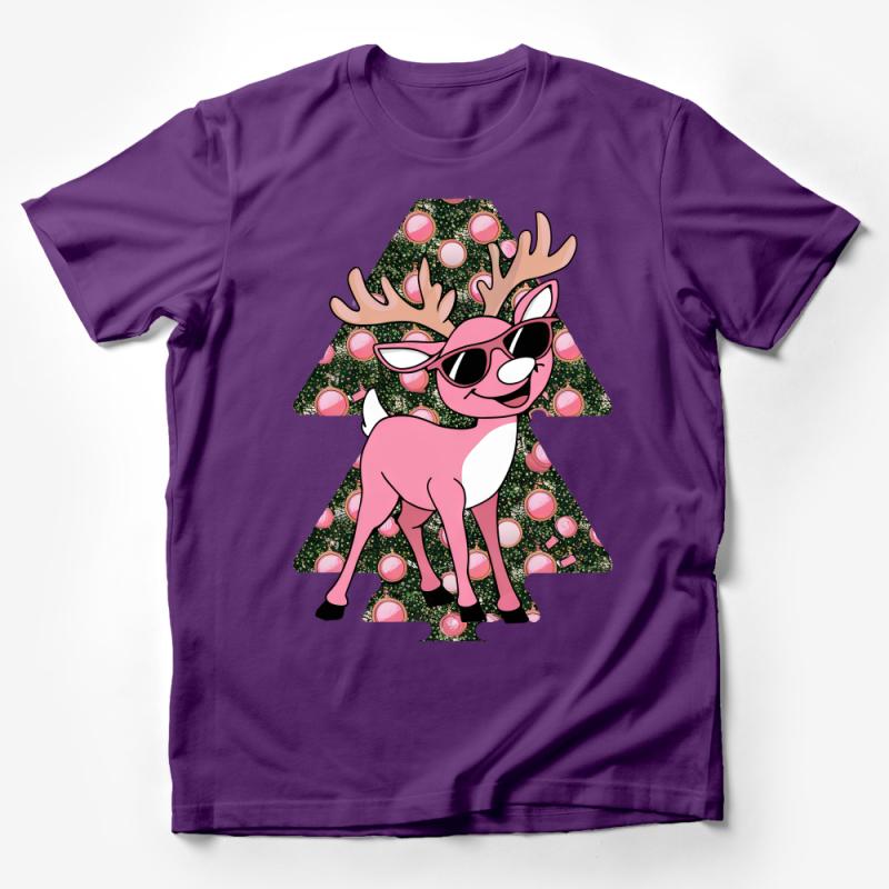 Trendy Pink Deer Graphic Tee, Christmas Tree Pattern, Cool Animal T-Shirt, Unique Casual Streetwear, Unisex Cotton Shirt, Gift Idea Male T-Shirt