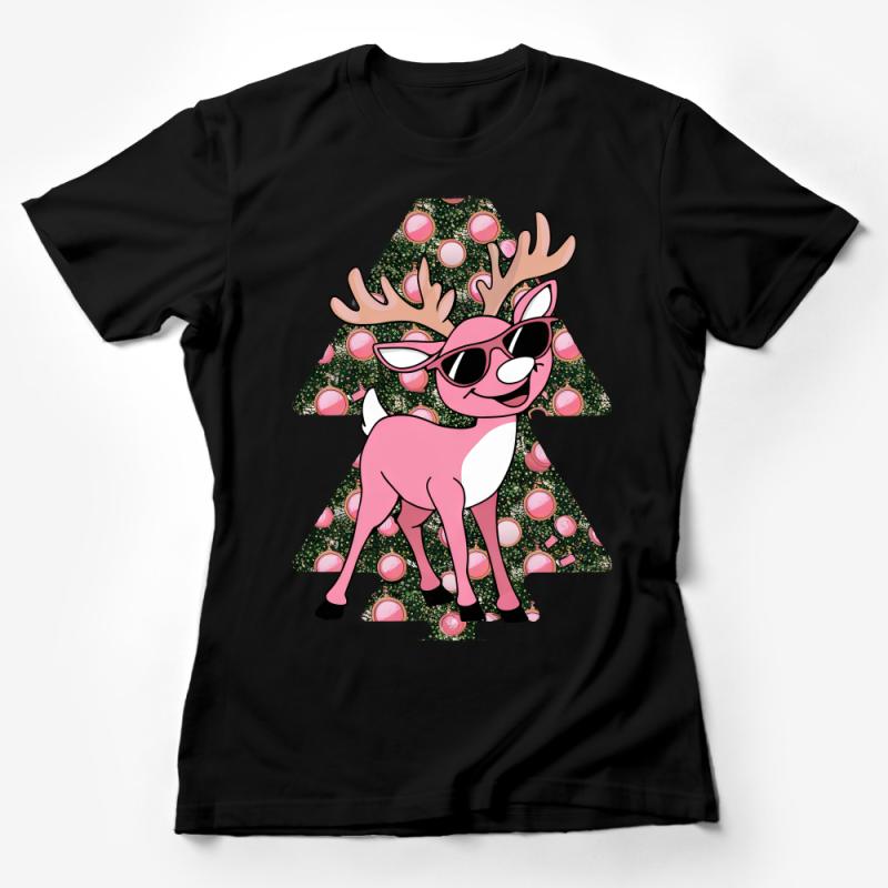 Trendy Pink Deer Graphic Tee, Christmas Tree Pattern, Cool Animal T-Shirt, Unique Casual Streetwear, Unisex Cotton Shirt, Gift Idea Female T-Shirt