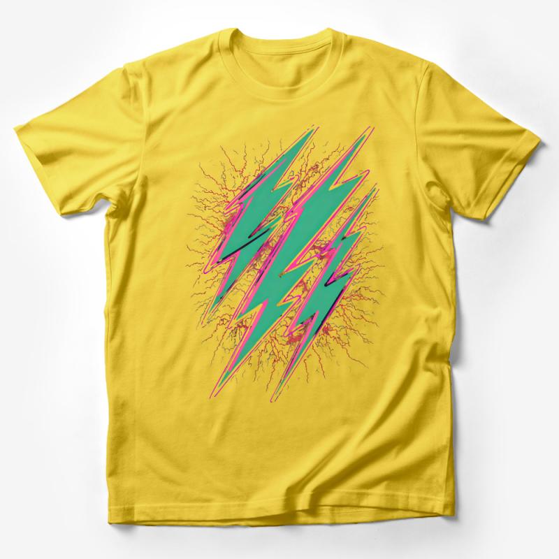 Retro 90s Bold Lightning Bolt Graphic Tee, Unisex Vintage Style T-Shirt, Neon Green and Pink Flash Design, Trendy Streetwear Top Male T-Shirt