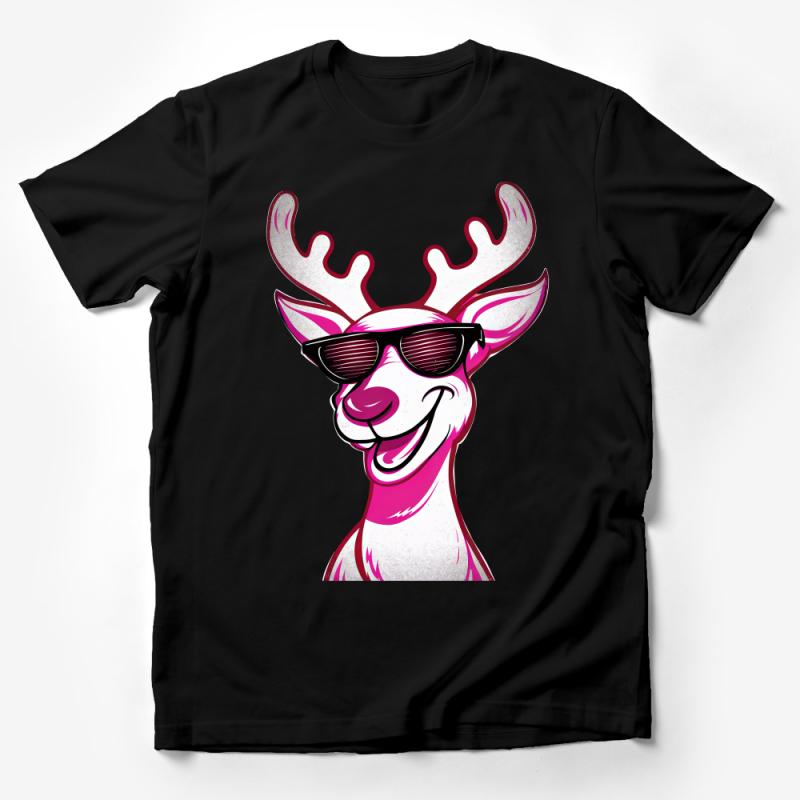 Cool Pink Deer with Sunglasses Graphic T-Shirt, Hipster Animal Tee, Casual Wildlife Fashion Top, Unisex Male T-Shirt