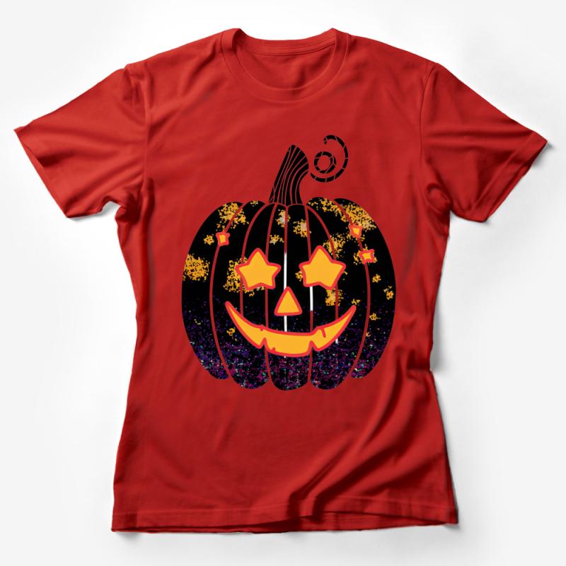 Halloween Pumpkin T-Shirt, Spooky Jack-o'-Lantern Black Tee, Starry Night Casual Wear, Unisex Adult Top Female T-Shirt