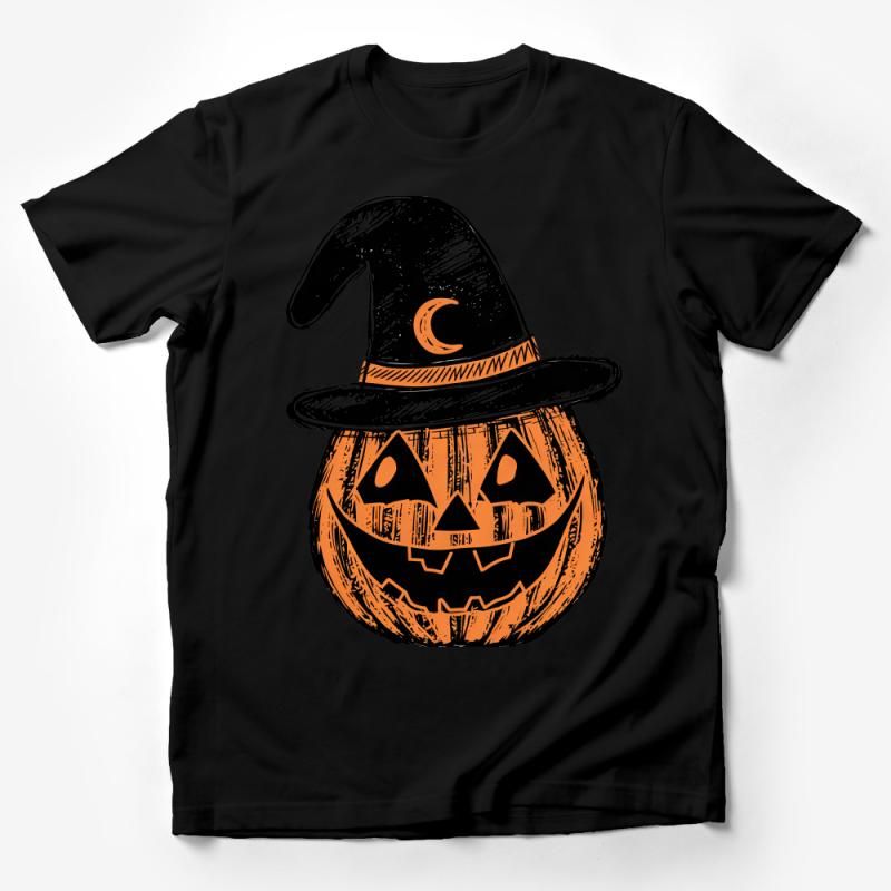 Witch Hat Pumpkin Graphic T-Shirt, Halloween Jack-O-Lantern Tee, Casual Fall Holiday Wear, Unisex Top, Spooky October Apparel Male T-Shirt