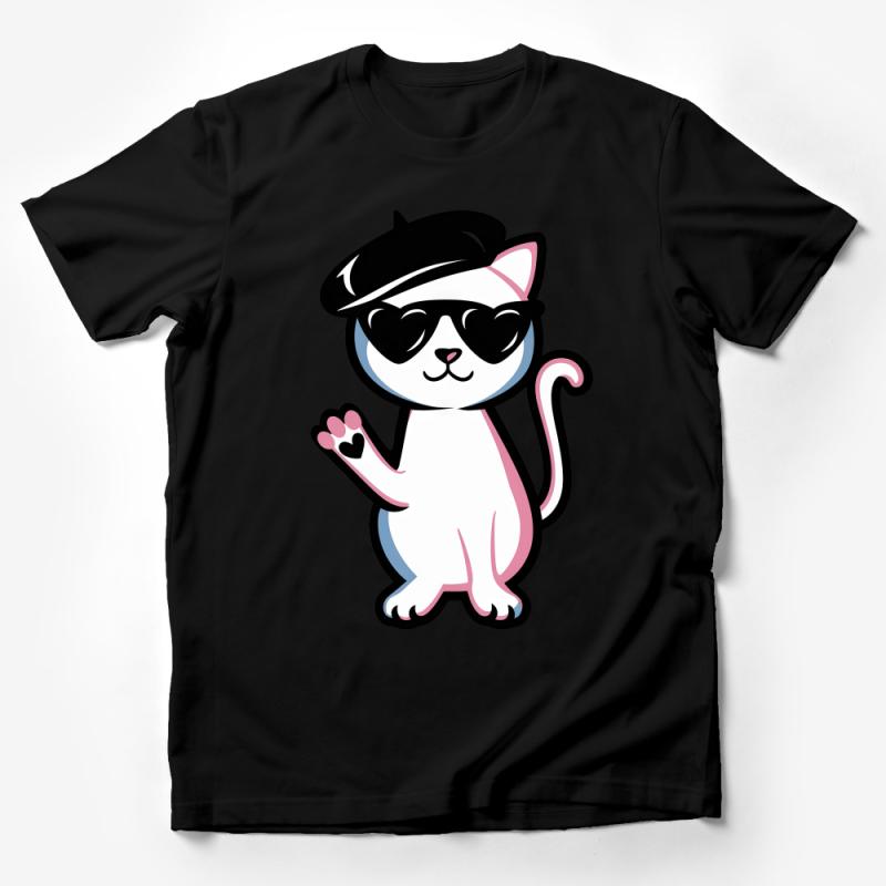 Cute Cat T-Shirt with Beret and Sunglasses, Hipster Kitty Tee, Casual Cool Cat Fashion, Unisex Graphic Tee Male T-Shirt