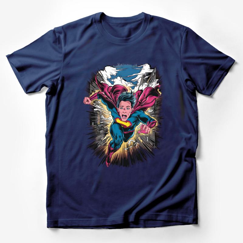 Women's Superhero T-Shirt, Comic Book Style Graphic Tee, Vibrant Colors, Casual Cotton Top, Unique Hero Design, Comfortable and Stylish Male T-Shirt