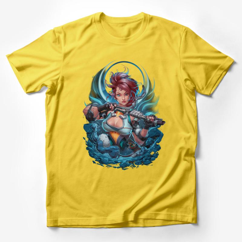 Fantasy Sci-Fi Warrior Girl T-Shirt, Cool Anime Gamer Tee, Redhead Character Art, Unique Graphic Shirt, Gift for Gamers Male T-Shirt