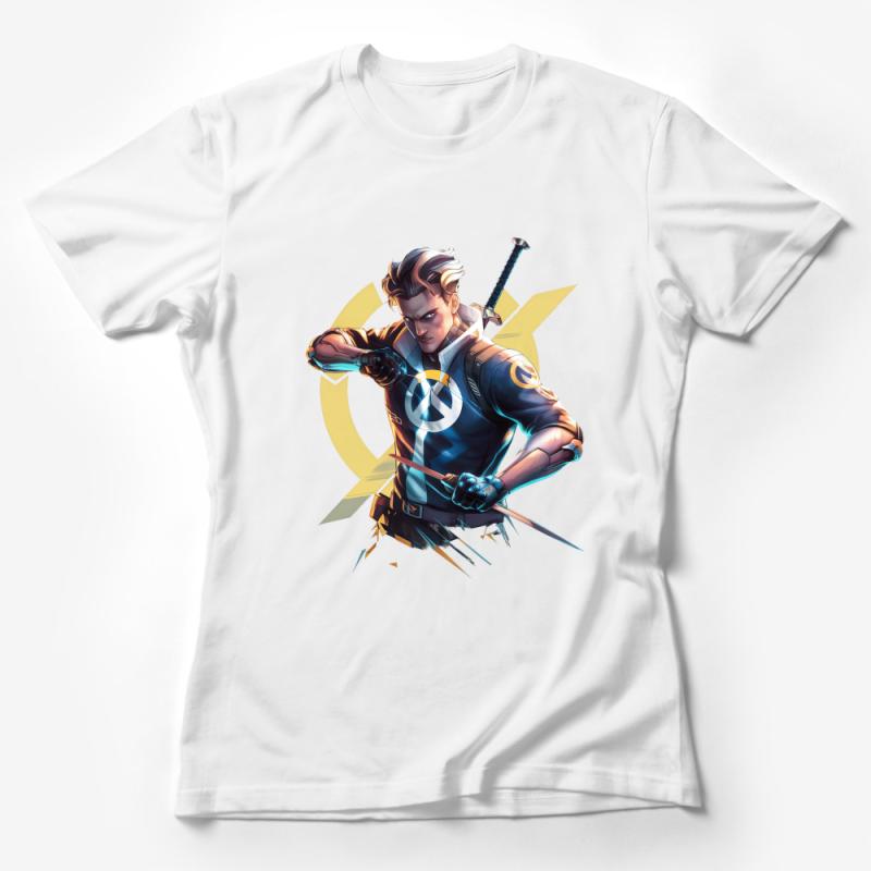 Graphic Tee with Cybernetic Warrior, Men's Stylish Gaming Character Shirt Female T-Shirt