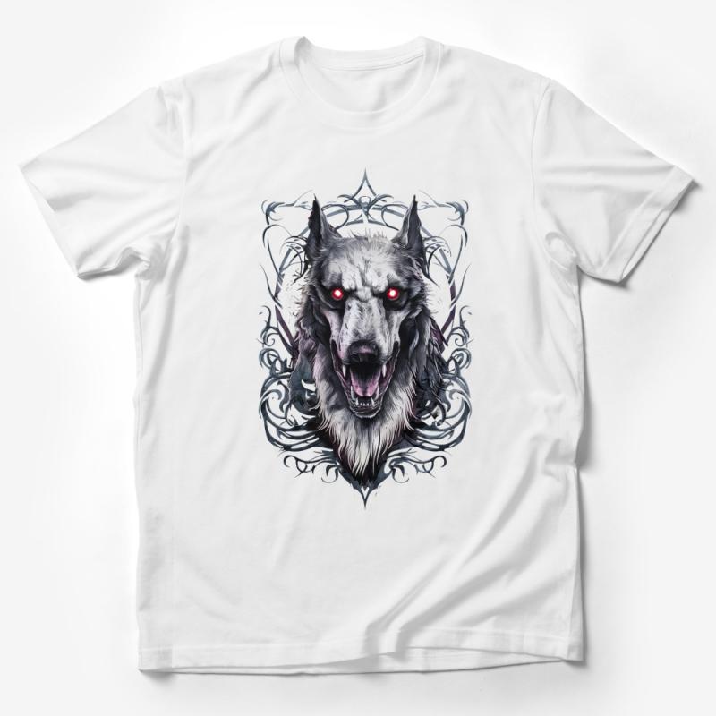 Menacing Wolf Graphic Tee, Red-Eyed Wolf Illustration, Tribal Design, Unisex T-Shirt, Wild Animal Lover Apparel Male T-Shirt