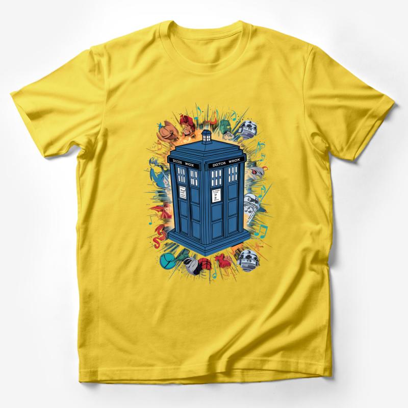 Sci-Fi Inspired T-Shirt, Unisex Time Travel Graphic Tee, Fandom Crossover Art Shirt, Blue Box Design, Music and Robots Illustration Top Male T-Shirt