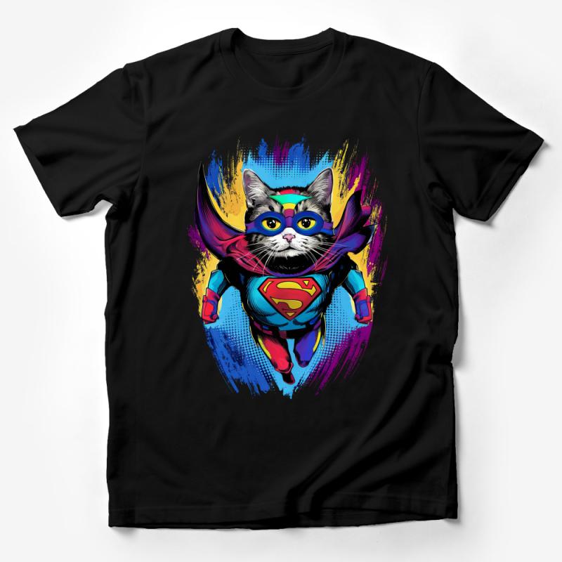 Superhero Cat T-Shirt, Colorful Feline Hero, Cartoon Cat in Costume Tee, Funny Cat Lover Gift, Unique Animal Graphic Shirt, Unisex Tee Male T-Shirt